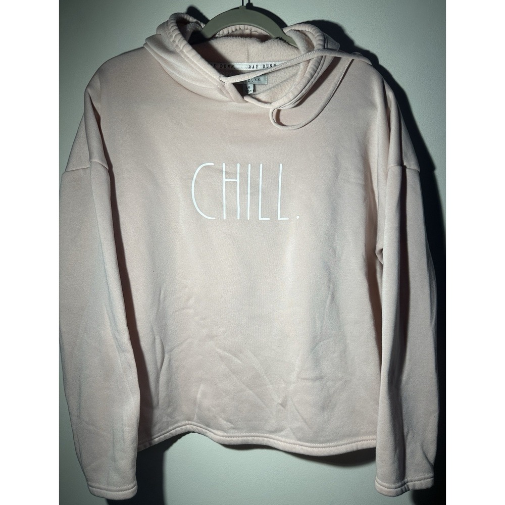 Rae Dunn 'Chill' Lightweight Fleece Hoodie Sweatshirt Pullover Blush Pink Size L
